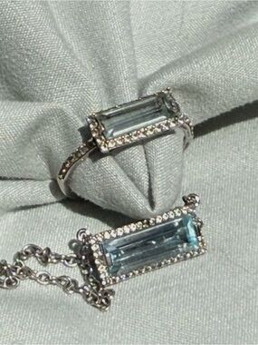 Blue Topaz Rectangle Pendant and Ring Set - in Sterling Silver